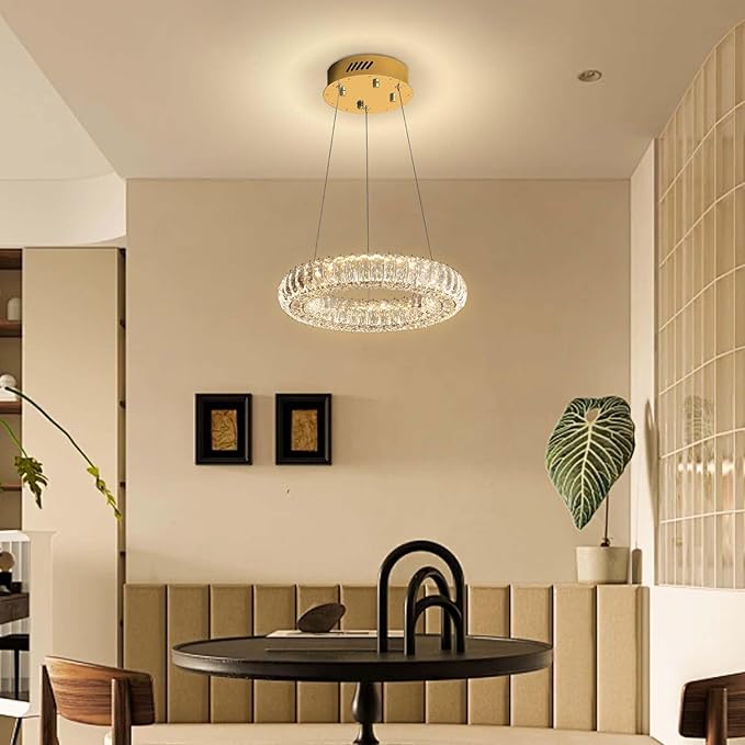 Modern LED Gold Ring Pendant Light 7.8" Dimmable Crystal Chandelier Adjustable Round Crystal Chandelier Light Fixtures for Dining Room Living Room