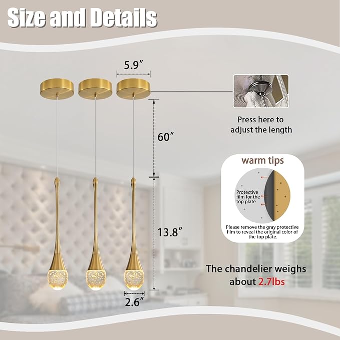 Single Head Gold Bubble Crystal Chandelier Modern LED Pendant Lights for Kitchen Island Dimmable 3000-6000k(3 Independence Light)…