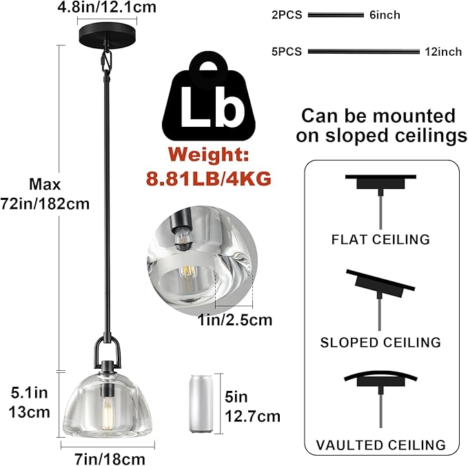 Pendant Light Fixture, 7" Glass Modern Black Pendant Lights Kitchen Island, Hanging Glass Dome Pendant, Black Kitchen Pendant Lighting Over Island, E12 Bulb Included, 2PCS