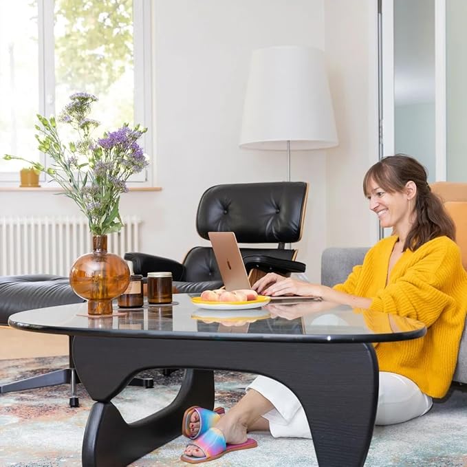 Triangle Glass Coffee Table with Solid Wood Base, 0.8'' Thick Clear Glass Top, 51'' Width Mid Century Modern Coffee Table for Living Room Bedroom Reception (Black)