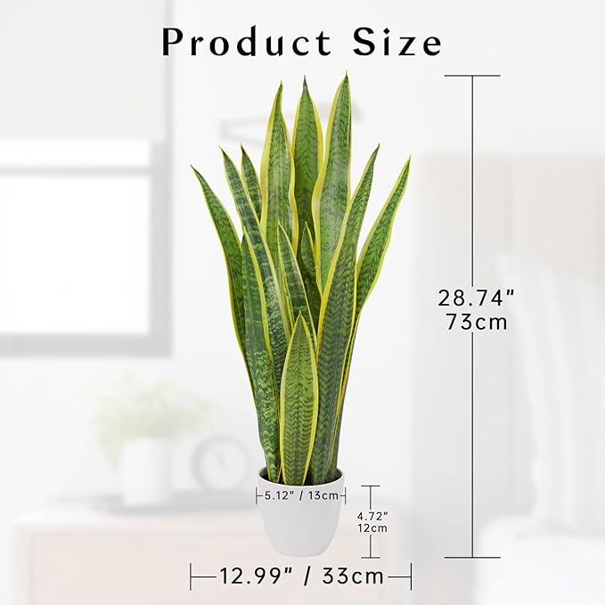 Hollyone Artificial Snake Plant Potted, 28 Inch Faux Sansevieria Trifasciata Plants Large Tall Tropical Fake Snake Plants Tree in White Pots for Home Office Room Patio Garden Indoor Outdoor Decor
