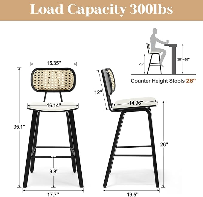 Counter Height Bar Stools, 26" PU Leather Upholstered Rattan Barstools, Mid Century Modern Bar Chairs with Black Wood Legs, Armless Walnut Kitchen Island Dining Bar Chair, White