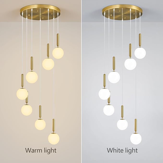 7-Lights Gold Chandelier with Milk White Glass Hanging Fixture Light for Kitchen Island Mid Century Modern Globe Pendant Light for Foyer Living Room Entryway Hallway