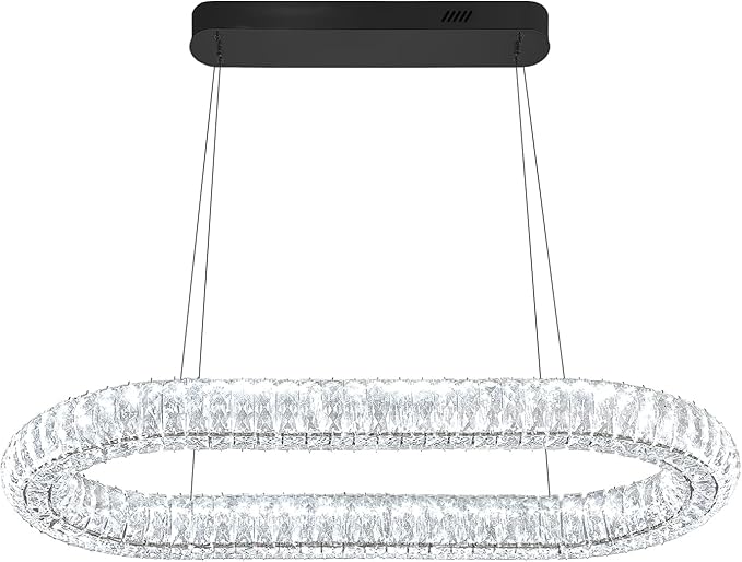 Oval Crystal Chandelier, 40'' Black Crystal Ring Pendant Light for Kitchen Island Modern Linear Oval Chandeliers for Dining Room Dimmable 3000K-6000K
