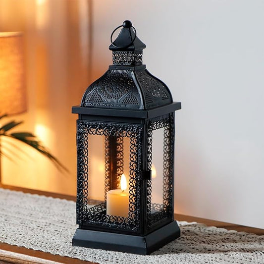 TRIROCKS Rustic Style Metal Candle Lantern 13'' High Decorative Outdoor Lantern Candle Holder with Tempered Glass for Christmas Living Room Garden Patio Parties Indoors Outdoors (Black)