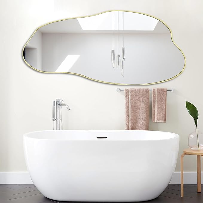 Large Irregular Mirror, 51.1"x25.59" Asymmetrical Mirrors, Abstract Wall Mirror Decorative, Gold Wavy Shaped Mirrors for Living Room Bathroom Bedroom Hallway Entryway Fireplace