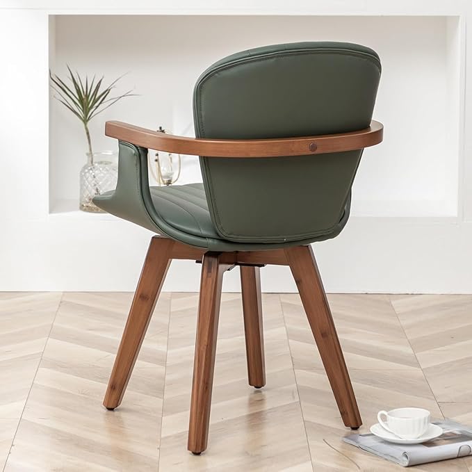 LUNLING Swivel Dining Chairs, Mid Century Modern Green Faux Leather Kitchen Chairs with Arms,Bamboo Legs Side Chairs No Wheels,Accent Chair for Dining Rooms and Offices,1PCS