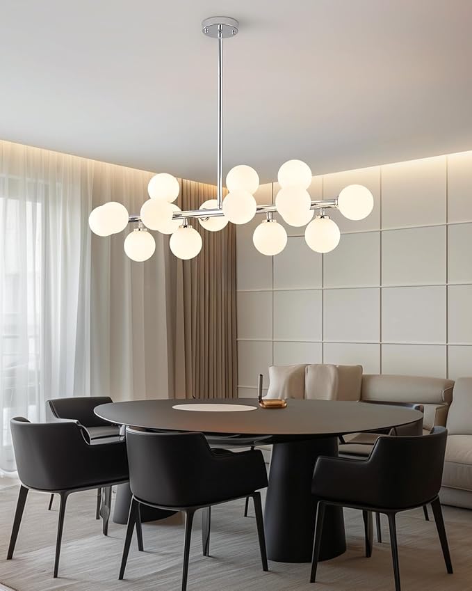 Glass Globe Sputnik Chandelier, 16-Light Mid Century Modern Light Fixture Over Table, Linear Chandeliers for Dining Room, Kitchen Island, Chrome and Milk White Bubble, 40 Inch, GC-02