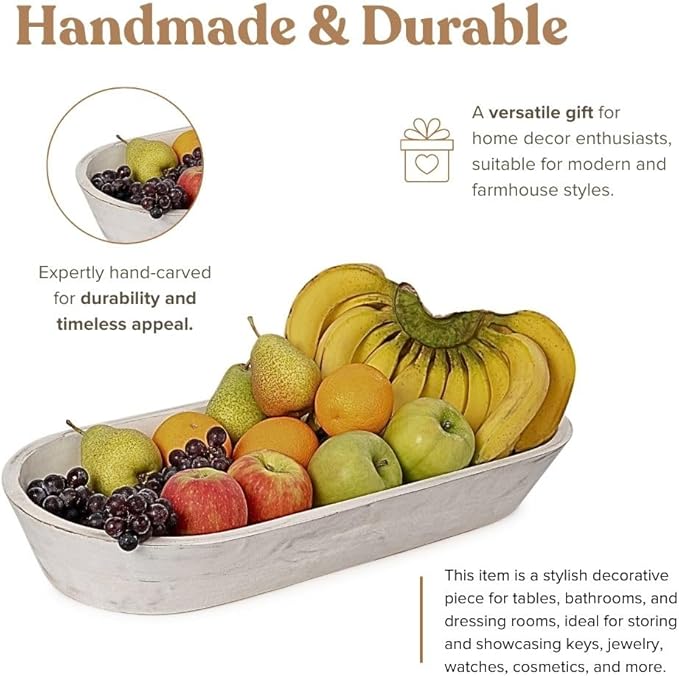 Wooden Dough Bowl - Large Rustic White Acacia Wood - Handmade Decorative Bowls for Home Decor, Bathroom, Kitchen Counter, & More - Rustic Large Wood Dough Bowl for Decor, Cosmetics, and Keys