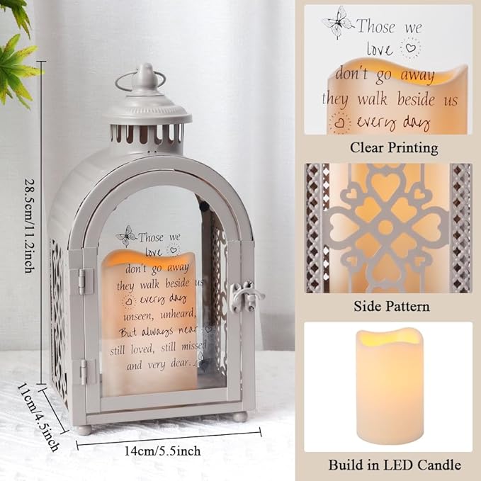 TRIROCKS Memorial Lantern 11'' High Walk Beside Us Remembrance Lantern With Automatic Timer LED Candle And Love Pattern Bereavement Sympathy Gifts For Funeral Memorial Service Loss of Loved One (Grey)