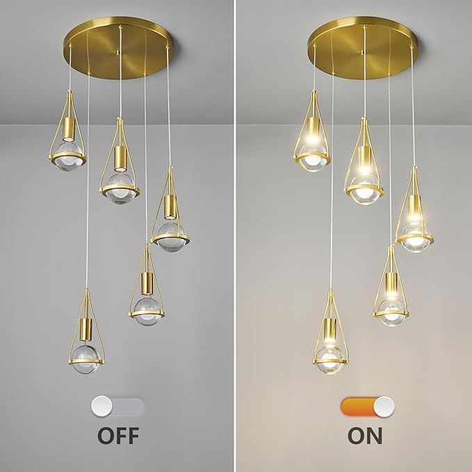 Gold Dandelion Pendant Light in Brushed Brass Finish, 5-Light Modern Crystal Kitchen Island Pendant Lighting Dimmable LED Hanging Ceiling Light Fixture for Bathroom Bedroom