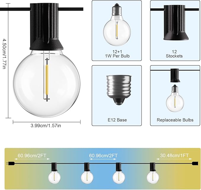 Bomcosy Outdoor String Lights,25 FT LED String Lights for Outside with Shatterproof Dimmable 12+1 Bulbs,Waterproof Connectable Outdoor Lights for Deck,Garden,Backyard,Balcony,Porch,Patio