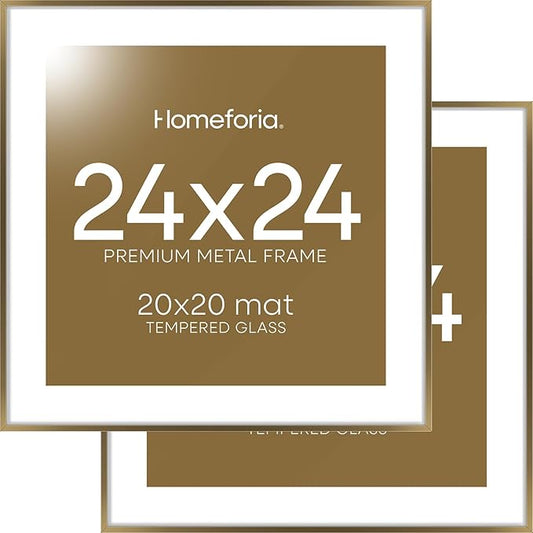 Homeforia 24x24 Picture Frame Bronze, High End Metal 24 x 24 Large Square Poster Frames with Mat 20 by 20 inch Photo, 24by24 Thin Brass Frames Matted to 20x20 Print, Tempered Glass, Wall Kit, Set of 2