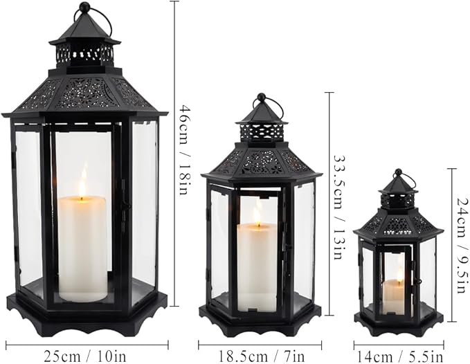 TRIROCKS Set of 3 Decorative Candle Lanterns18''&13"&10" H Hexagonal Candle Holder Vintage Metal Hanging Lantern with Tempered Glass for Garden Patio Wedding Event Indoors Outdoors(Black)