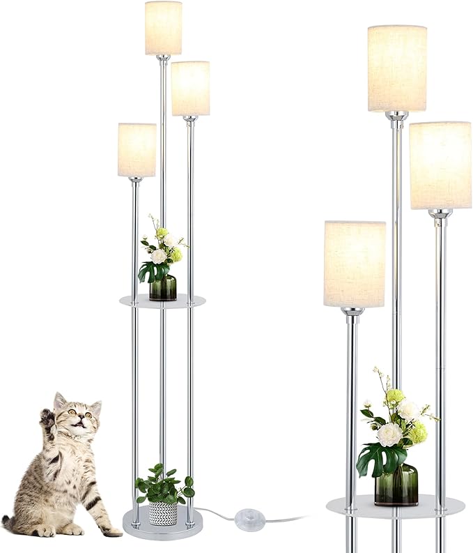 Floor Lamps for Living Room, 3-Lights Modern Floor Lamp with Shelves, Chrome Standing Lamp with Fabric Shade and Foot Switch, Shelf Standing Lamps with Table, Tall Lamps for Bedroom Office