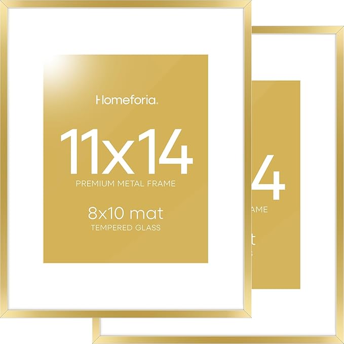 Homeforia 11x14 Picture Frame Gold, High End Metal 11x14 Poster Frames with Mat for 8x10, 11 x 14 Gold Frame Matted to 8 x 10 inch Photo, 11by14 Thin Hanging Frames, Tempered Glass, Wall Kit, Set of 2