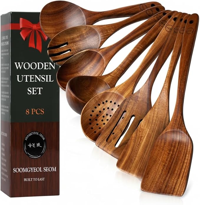 100% Natural Teak Wood Wooden Utensil Set – Non-Stick & Heat Resistant – 8 Pcs Durable Kitchen Spoons for Cooking, Eco-Friendly & Comfortable Grip