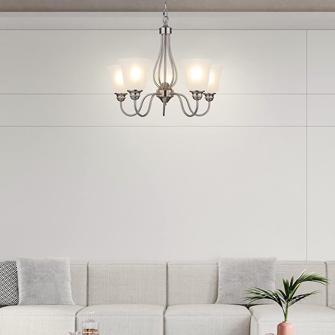 5 Light Chandelier with Brushed Nickel Finish, Classic Style Ceiling Light Fixture with Frosted Glass Shade for Meeting Room Dining Room Living Room Corridor, LED Bulb(not Include)
