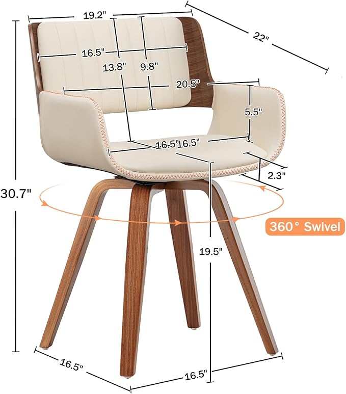LUNLING Swivel Accent Faux Leather Dining Chairs Set of 2, Mid Century Modern Chairs with Wooden Legs/Armrest/Upholstered Seat/Adjustable Foots for Kitchen Dining Room Desk Chairs,Beige