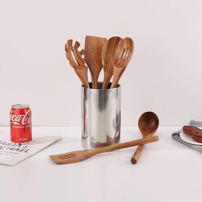 Acacia Wood Utensils Set - 6 Piece Handmade Wooden Spoons for Cooking, Natural Acacia Wood Kitchen Utensils for Non-stick Cookware, Turner, Serving Spoon, Slotted Spoon, Soup Ladle, Spaghetti