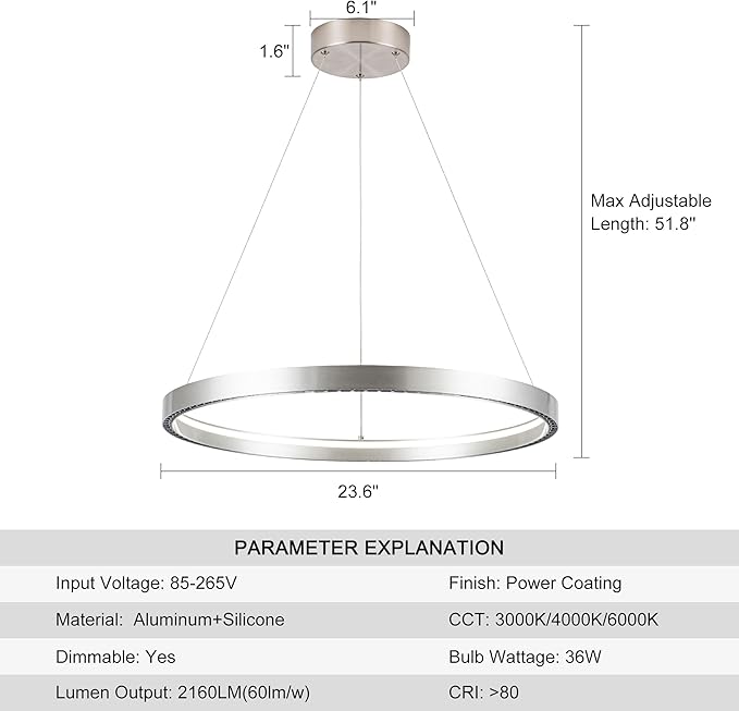 Modern Led Pendant Light,1 Ring Modern Circular Chandelier Dimmable Hanging Pendant Lighting for Living Room Dining Room Kitchen Island Foyer Office, 3000-6000K Brush Nickel