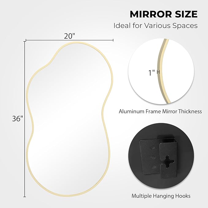 WallBeyond Gold Irregular Wall Mirror, Modern Asymmetrical Mirror Aluminum Frame for Bedroom, Bathroom, Living Room, and Entryway 36" H x 20" W (Gold)