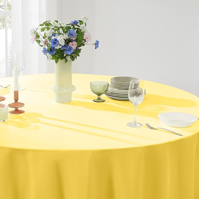 Round Tablecloth 2 Pack 90 Inch Yellow Tablecloths Washable Decorative Linen Polyester Table Clothes Cover for Dining Table Banquets Buffet Parties and Wedding