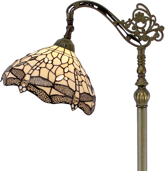 WERFACTORY Tiffany Floor Lamp Cream Stained Glass Dragonfly Arched Lamp 12X18X64 Inches Gooseneck Adjustable Corner Standing Reading Light Decor Bedroom Living Room S139 Series