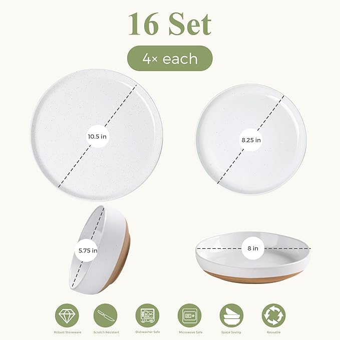 AmorArc 16 Pieces Ceramic Dinnerware Sets for 4, Handpainted Plates and Bowls Set with Rustic Terracotta Underside, Scratch Resistant Stoneware Dishes Set, Dishwasher & Microwave Safe, White