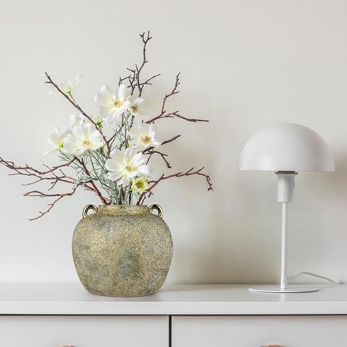 7.9" Vintage Farmhouse Vase, Rustic Ceramic Flower Vase with 2 Ears, Electroplated Terracotta Boho Vases Decor, Decorative Vases for Home Decor, Living Room, Mantel, Entryway, Wedding, Tabletop Decor