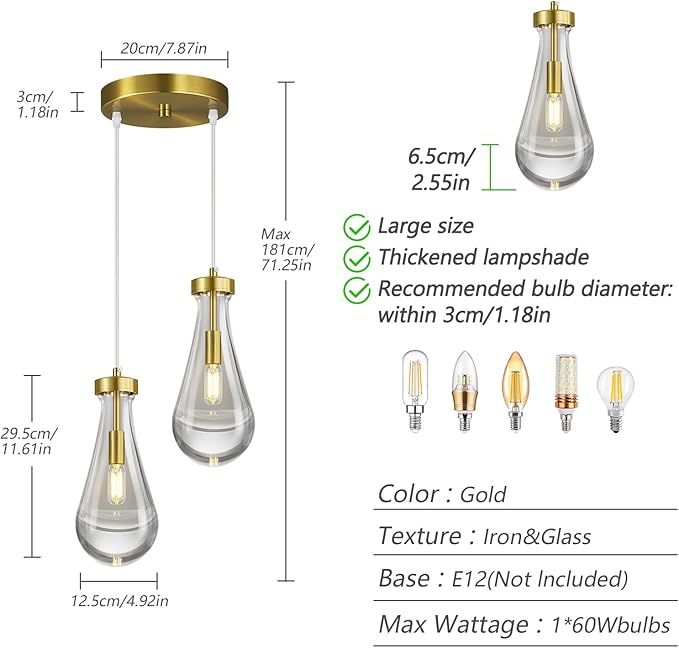Raindrop Pendant Lights Kitchen Island Teardrop Gold Hanging Light Fixtures Clear Solid Glass Pendant Light Modern Chandeliers for Dining Room Porch Corridor Living Room(2-Light)
