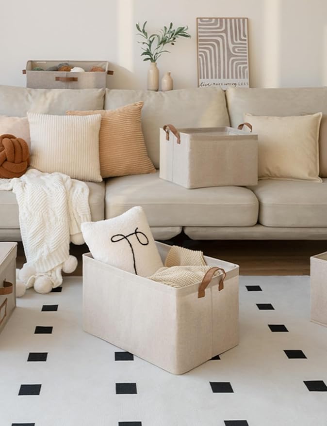 StorageWorks Storage Bins, Fabric Storage Bins for Shelves, Large Storage Baskets with Metal Frame, Closet Baskets and Bins with Handles, Brown and Beige, 2-Pack