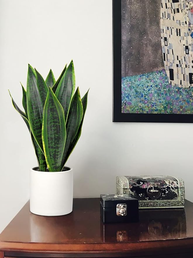 Briful Fake Snake Plant 16" Faux Potted Plant Artificial Snake Plant with White Ceramic Pot Sansevieria Plant Perfect for House Modern Living Room Office Housewarming Gift Indoor Decor