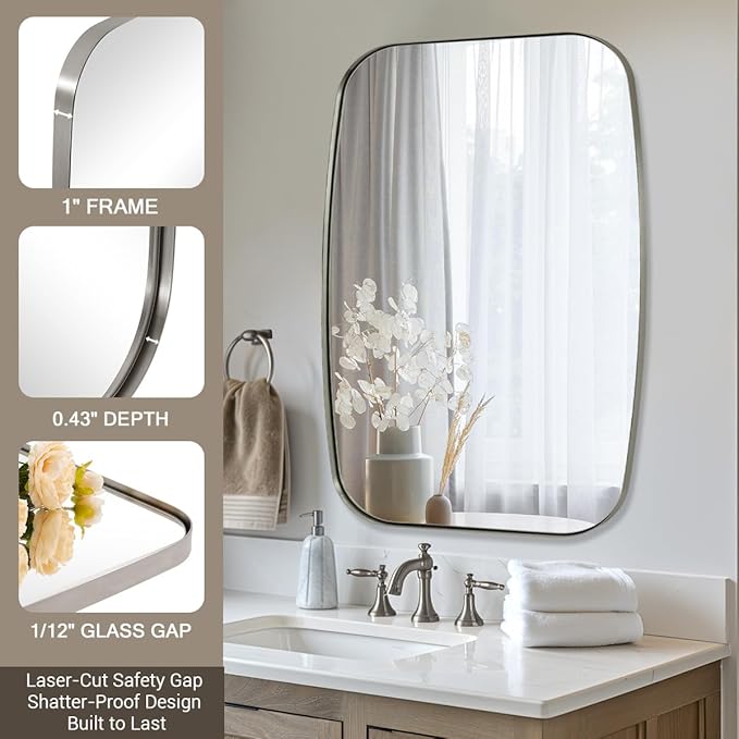 ANDY STAR Brushed Nickel Bathroom Mirror, 24x40” Oblong Mirror with Stainless Steel Metal Frame, Silver Oval Vanity Mirror for Over Sink, Modern Anti Rust Wall Mounted