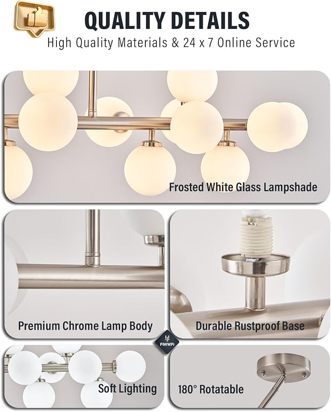 Glass Globe Sputnik Chandelier, 16-Light Mid Century Modern Light Fixture Over Table, Linear Chandeliers for Dining Room, Kitchen Island, Nickel and Milk White Bubble, 40 Inch, GC-02