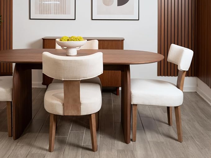 Wooden Dining Table Set of 4, Farmhouse Rectangular Dining Room Table with 4 Upholstered Beige Dining Room Chairs, Natural Frame, Modern Walnut Kitchen Table and Linen Chairs Set for Home