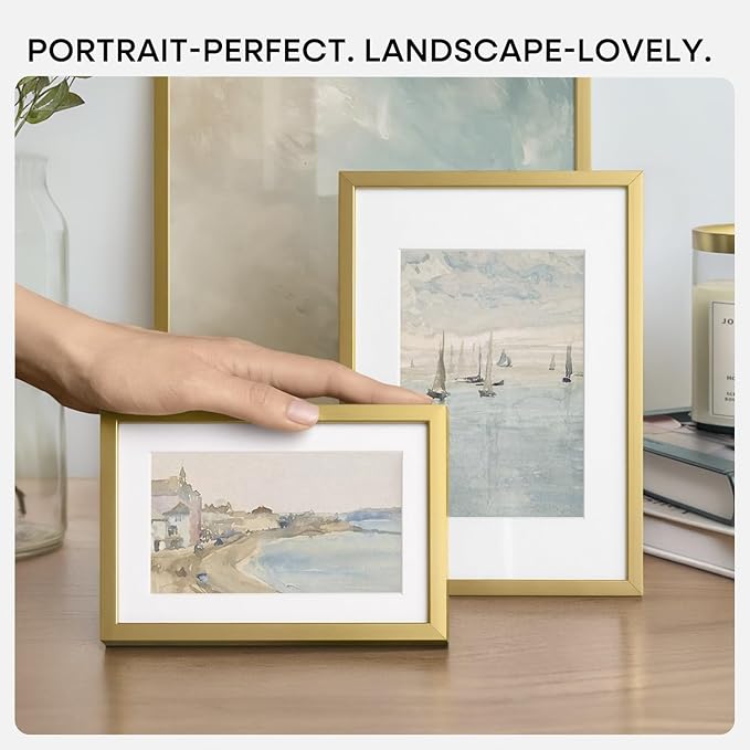 Homeforia 5x7 Picture Frame Gold, High End Metal 5 x 7 Gold Frames with Mat 4 x 6 for Print, 5by7 Desk Frame Matted to 4x6 inch Photo, 5 by 7 Wall or Tabletop Frame, Tempered Glass, Wall Kit, Set of 1