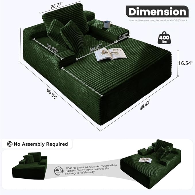 67" Oversized Chaise Lounge Chair Indoor, Cloud Couches for Living Room, Corduroy Sleeper Sofa Bed, No Assembly Required, Deep Seat Lounge Chair with Pillows Green