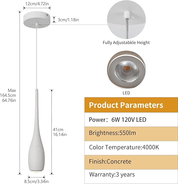 Grey Pendant Light for Kitchen Island, LED Lens Concrete Pendant Light fixtures, Small Modern Industrial Hanging Pendant Light for Over Sink, Bar, Dining Room, Bedside(2-Pack) ﻿