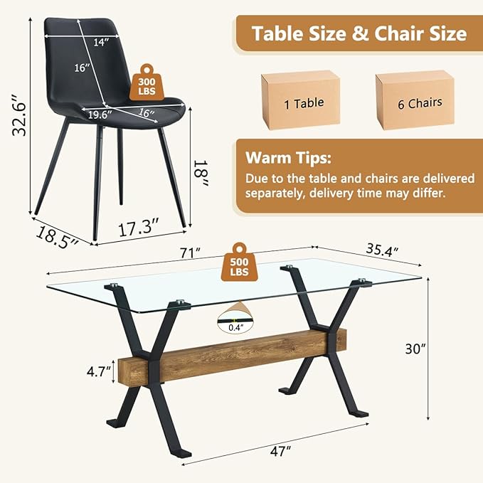 7 Piece Glass Dining Table Set, Kitchen Table Chairs Set for 6, 71'' Dining Table with 0.4" Tempered Glass Tabletop with Plated Metal Legs and MDF Crossbar, 6 PU Chairs for Dining Room, Kitchen.