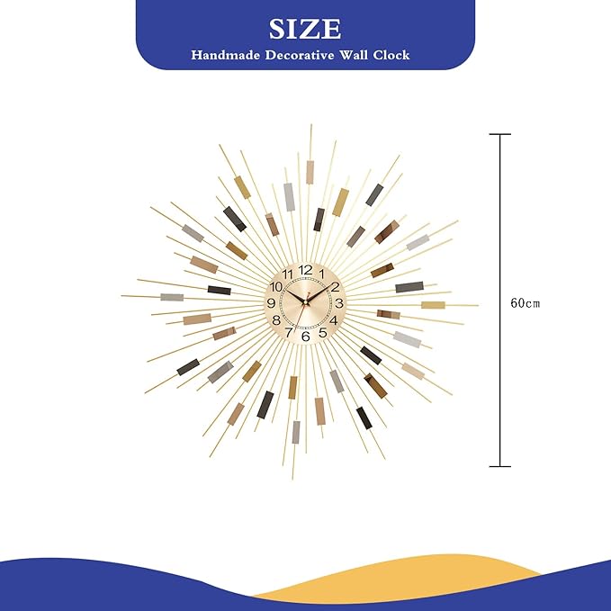 Wall Clock 23.6 Inch Large - Gold Starburst Sunburst Design, Mid Century Modern Metal Battery Operated Silent Decorative Clock for Living Room Bedroom Office