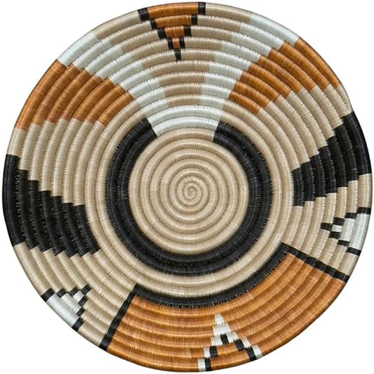 Handwoven African Basket Handmade sisal Fruit Bowl Wall Hanging decorative Baskets for Home Living Room Kitchen Centerpiece Zen Designs Arts and Crafts (Tan Orange Black, 12in diameter)