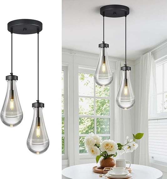 Raindrop Pendant Lights Kitchen Island Teardrop Black Hanging Light Fixtures Clear Solid Glass Pendant Light Modern Chandeliers for Dining Room Porch Corridor Living Room(2-Light)