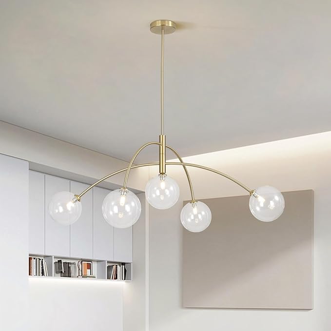 5 Light Modern Brass Chandelier Fixture White Clear Globe Glass Shade Pendant Light Gold Kitchen Ceiling Large Chandelier for Dining Room Kitchen Bedroom