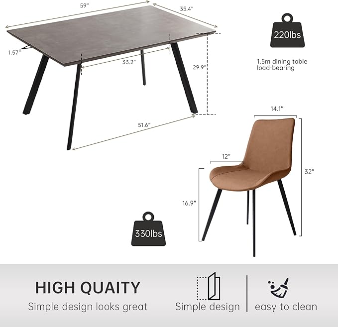ZckyCine Modern 5 Piece Kitchen Table Set, Solid Metal Legs Rectangular Wooden Dining Table with 4 upholstered Leather Chairs, Easy to Assemble
