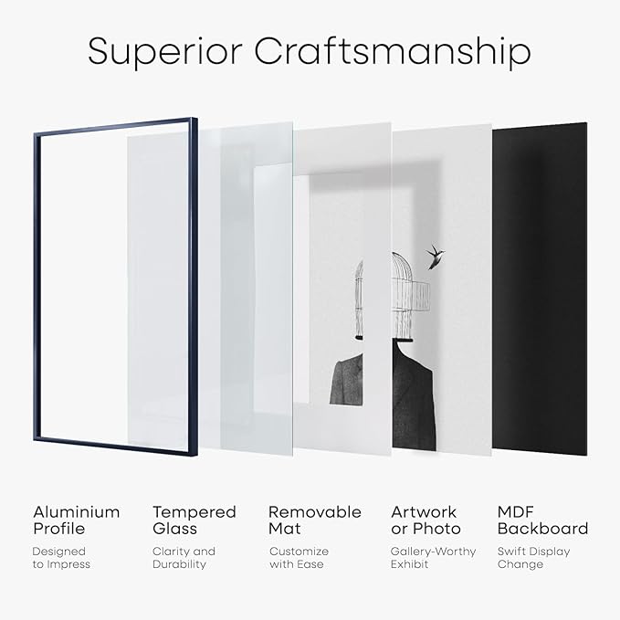 Homeforia 12x17 Picture Frame Navy Blue, High End Metal 12x17 Poster Frames with Mat 10x15 Photo, 12 x 17 Navy Blue Frame Matted to 10 by 15 Print, 17x12 Thin Frame, Tempered Glass, Wall Kit, Set of 1