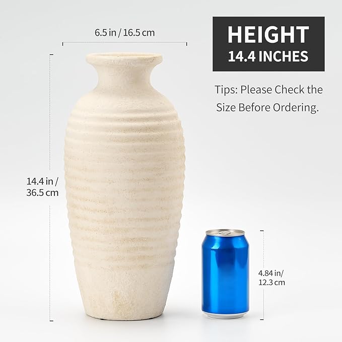 Ceramic Natural Rustic Vase, 14.4 Inch Large Vintage Flower Threaded Decorative Farmhouse Tall Vase for Home Decor, Living Room, Shelf Decor, Wedding, Housewarming Gift, Off-White