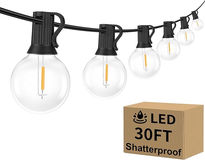 Outdoor G40 LED Globe String Lights 30Feet Dimmable Waterproof Shatterproof Patio Light with 15+2 Bulbs Connectable Commercial Hanging Lights for Christmas Patio House Backyard Balcony Party(Black)