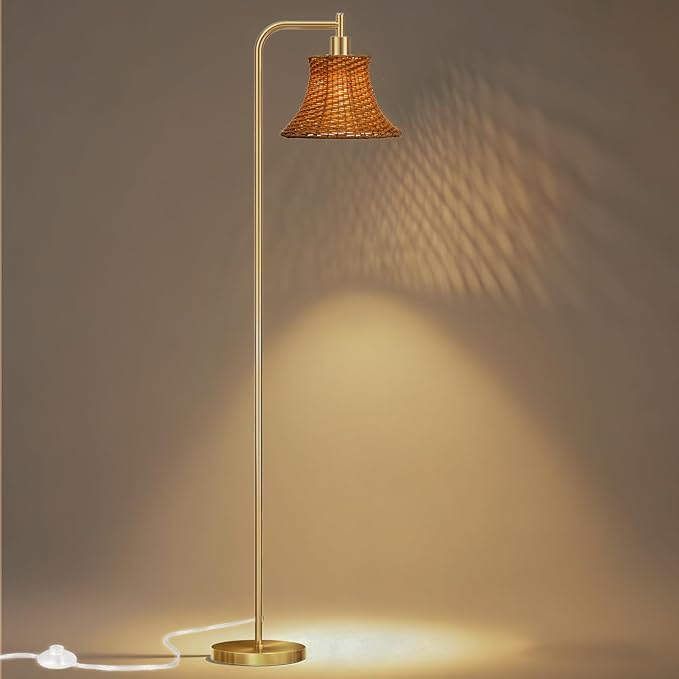 Floor Lamp,67" Modern Vintage Standing Lamp with Bamboo Weave Lampshade Metal Pole for Living Room, Bedroom, Office - Heavy Base,Pedal Switch(Include E26 Bulb)