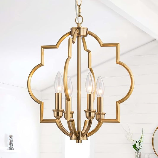 15.6" Brushed Gold Dining Room Light Fixtures Over Table, 4 Light Rustic Orb Geometric Pendant Light, Farmhouse Brass Chandelier for Entryway Foyer Bathroom